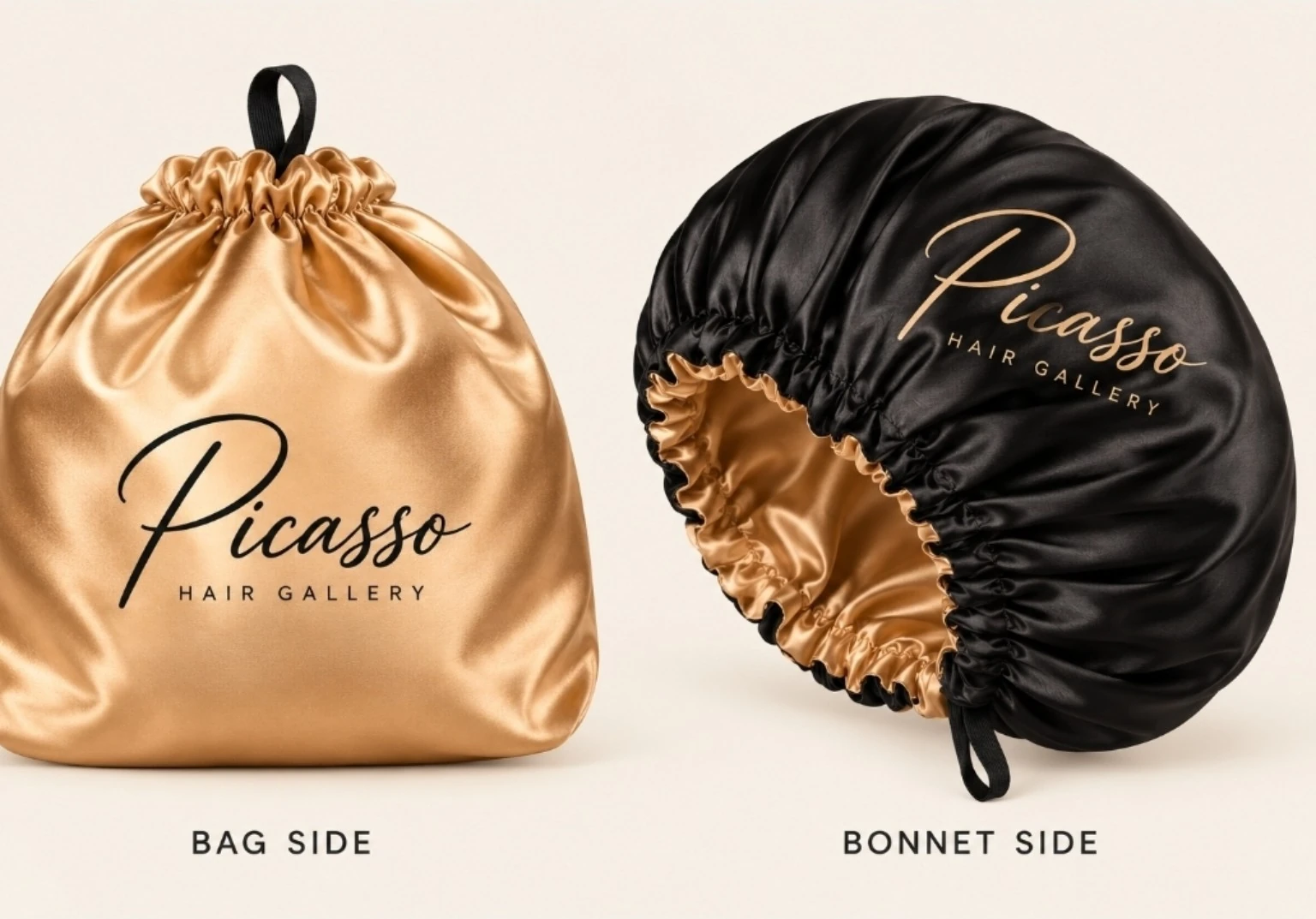 New reversible Picasso Hair Gallery satin bag shown on its champagne storage side and black bonnet side