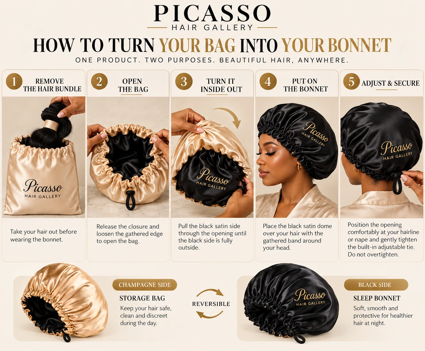 Five steps to empty the champagne storage bag, turn it inside out and wear the black satin bonnet