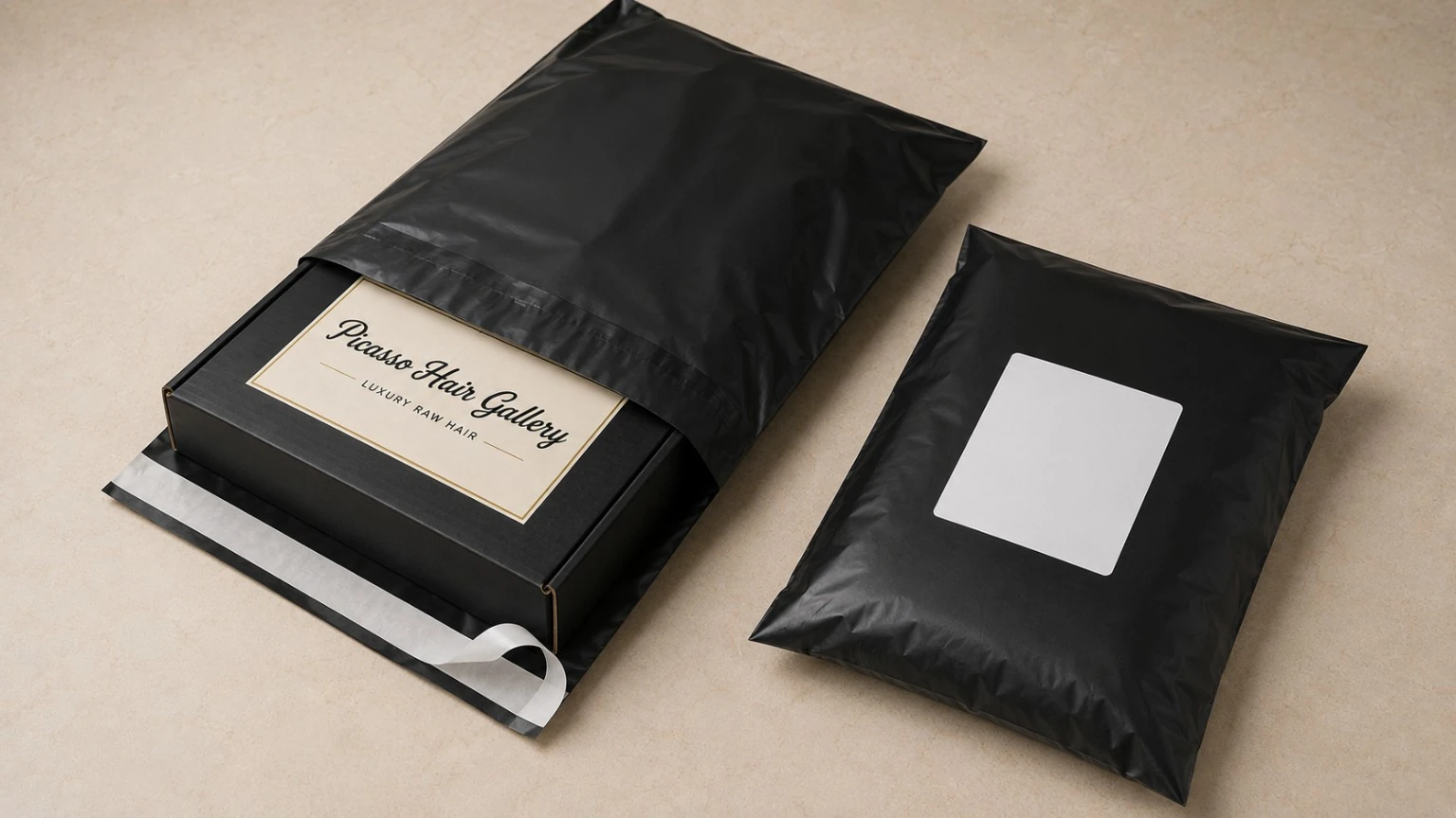 Plain black protective shipping mailer shown with a rigid Picasso presentation box and a blank shipping label