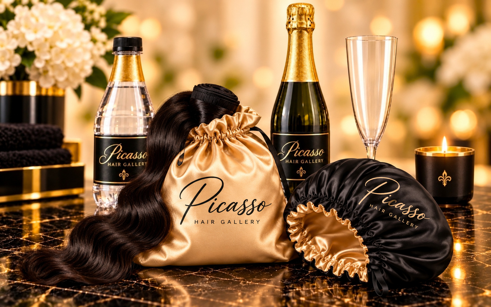 Picasso Hair Gallery reversible satin bonnet bag with raw-hair bundles, branded water, sparkling cider and candle