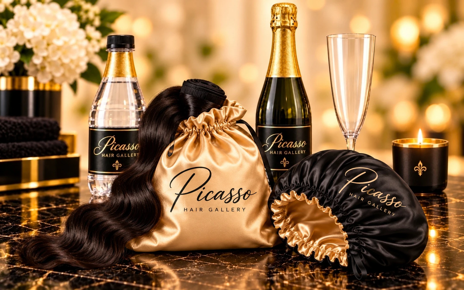 Picasso Hair Gallery reversible champagne-and-black satin bonnet bag with raw-hair bundles, branded water, sparkling cider and candle