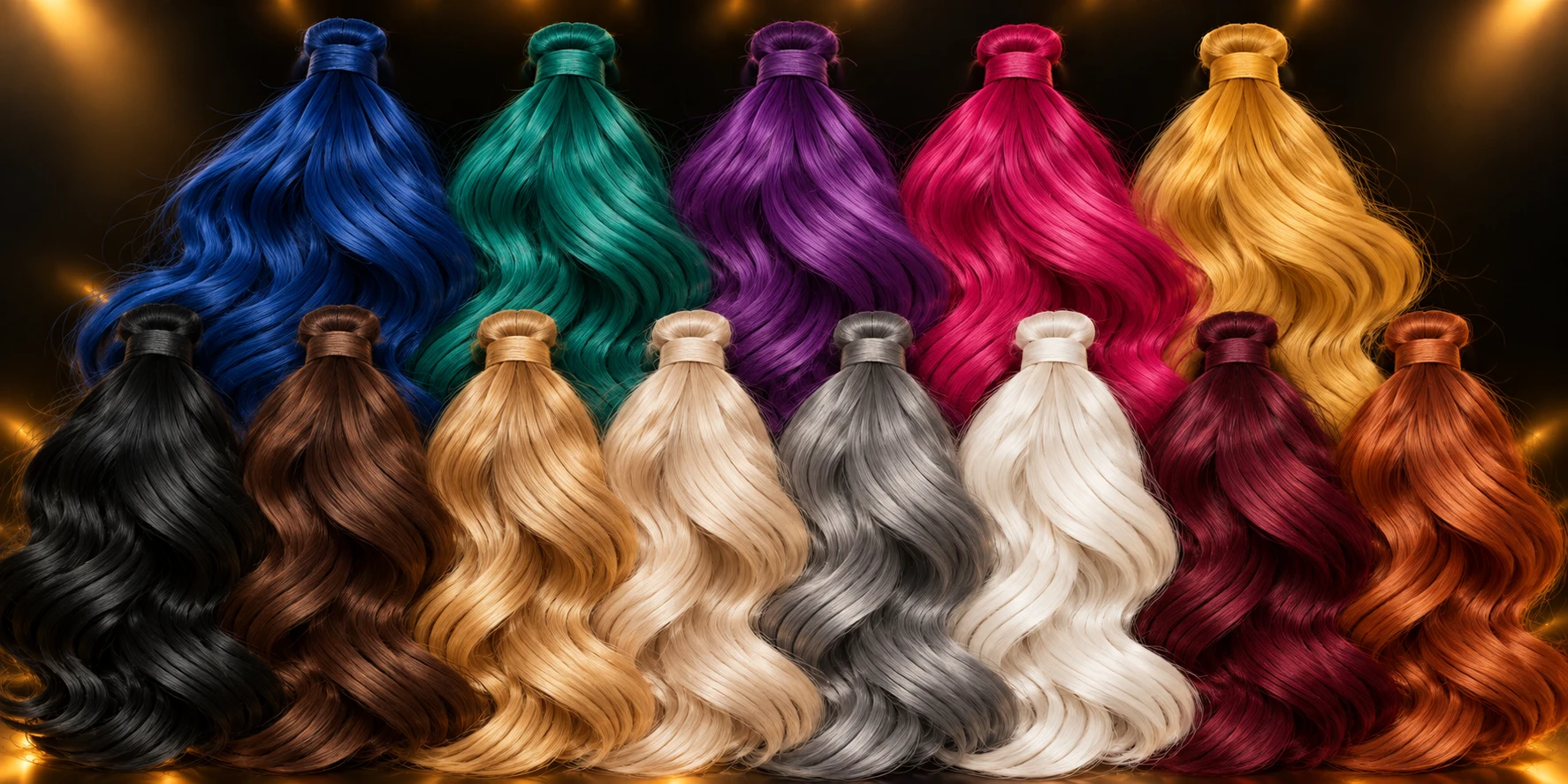 Thirteen intertwined hair-color bundles in a compact display: Natural Black, Chocolate Brown, Honey Golden Blonde, Champagne Blonde, Silver Gray, Pearl White, Burgundy Wine, Copper Auburn, New Blue, Super Petrol, Ultra Purple, High Magenta and Uber Gold
